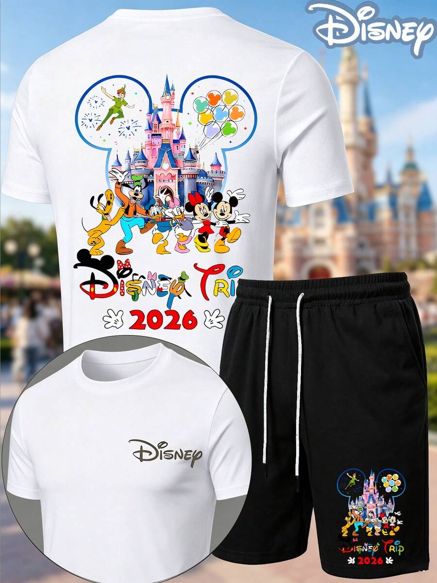 Disney Classic Characters Officially Licensed Men's 2-Piece Outfit, Mickey & Co. Balloon Castle Print Crew Neck T-Shirt & Drawstring Shorts Casual Summer Streetwear Set For Theme Parks & Daily Wear - 白色 - 查看 1
