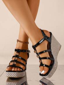 Giày sandal đế xuồng đính đinh tán kim loại kiểu Âu và Mỹ, sandal cao gót hở mũi, một quai, đế dày, dệt kim dành cho nữ. - màu đen - Xem 3