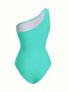 Traje de baño de una pieza para mujer para playa piscina vacaciones semana santa brunch y salidas a la playa, diseño de hombro único con drapeado y tul transparente que resalta la silueta color marrón sólido tela elástica de secado rápido apto para verano y temporadas cálidas - verde menta - Ver 3