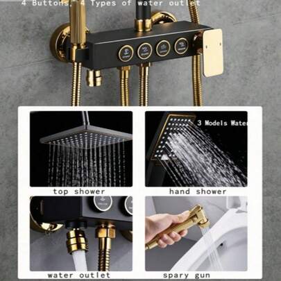 Đầu vòi sen vuông bằng kim loại màu đen với 4 chế độ điều chỉnh và vòi sen cầm tay - Gắn tường, không cần điện.