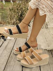 Women's Straw Wedge Rope Open Toe Slippers, Thick Sole Elevated Summer Outdoor Sandals - Black - View 8