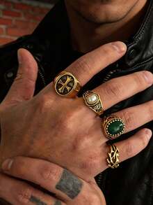 Set de 4 anillos de resina geométricos de cruz minimalistas, de alta gama, versátiles, de estilo punk y hip-hop, elegantes y únicos, adecuados para uso diario, festivales y fiestas - Multicolor - Ver 2
