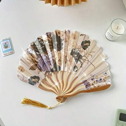 Vintage Ink Painting Folding Fan, Portable Hand-Held Fan With Elegant Tassel, Elegant Lady's Folding Fan, Pocket Cooling Fan For Wedding, Traditional Decorative Fan For Men And Women, Stage Props