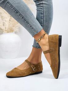 Women's French Rhinestone Vintage Mary Jane Flat Shoes, Strap Square Toe Soft Sole, Multiple Colors, Versatile For Spring/Summer - Brown - View 6