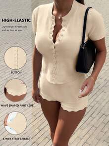 2pcs Women Short Sleeve Round Neck Multi-Button Knit Cardigan Top Paired With Elastic Waist Slim Fit Casual Shorts, Spring Everyday Outfit - Apricot - View 3