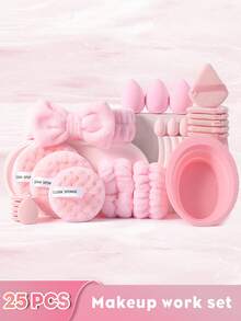 Bộ dụng cụ trang điểm 25 món bao gồm: 2 dây đeo bát đựng phấn + 1 băng đô cài tóc + 6 bông phấn tam giác + 1 dụng cụ vệ sinh cọ trang điểm + 3 miếng mút trang điểm mini + 3 miếng mút trang điểm + 3 miếng mút rửa mặt + 6 miếng bông phấn dạng cushion mini. - Nhiều màu - Xem 11