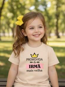 Camiseta Infantil Menina Promovida A Irmã Mais Velha Camisa 100% algodão Manga Curta Gola Redonda - Bege - Visão 2