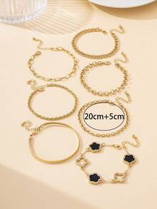 Juego de 7 piezas de pulseras de tobillo de estilo de vacaciones de verano con diseños de cadena versátiles y clásicos, trébol hueco brillante dorado y trébol de cinco hojas negro dulce para mujeres - Negro - Ver 7