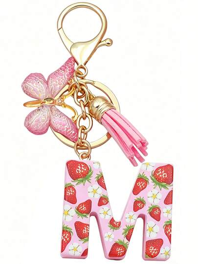 1pc Initial Strawberry Keychain With Cute Butterfly Tassel Pendant, Floral Keyring, Girl's Accessory, Pink, Holiday Gift