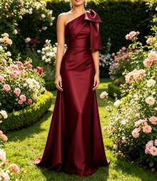 Elastic Satin Asymmetric Neck Fitted Cocktail Dress - Burgundy - View 6
