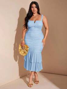 Vestido midi ajustado con cuello en V, volantes y pliegues para mujer de talla grande, vestido de fiesta para vacaciones - Verde - Ver 7