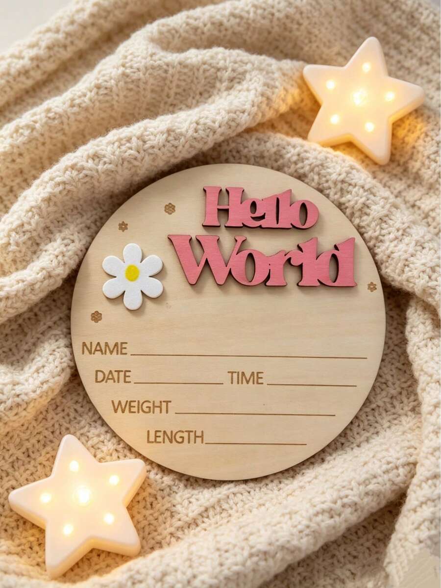 1pc Wooden World Greeting Sign, Birth Record Board, Kindergarten Name Tag Decor, Hospital Photo Prop, Shower Keepsake - Wood Color - View 1