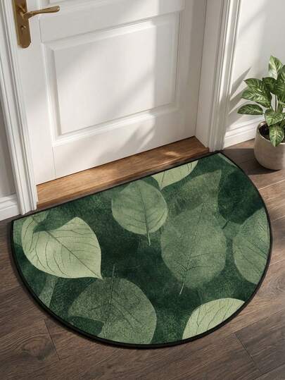 1pc Artistic Green Leaf Pattern Semi-Circle Velvet Doormat, Wear-Resistant, Dirt-Resistant, Durable, Multiple Sizes Available, Housewarming Gift, Holiday Gift, Suitable For Hallway, Foyer, Living Room, Dining Room, Bedroom, Bathroom Entrance Decor, Minimalist And Elegant, Long-Lasting, All Season, Washable, Anti-Slip, Can Be Used As Entryway Mat, Small Rug, Welcome Mat, Outdoor Mat, Kitchen Mat, Home Decor, Front Door Mat, Area Rug, Outdoor Pad, Home Decoration.
