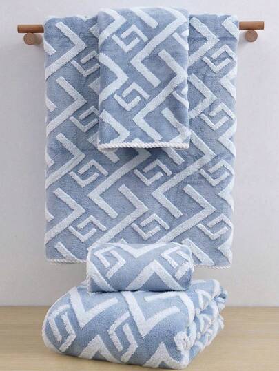 QIBHI 3/1pc Jacquard Z-Stripe European Style Coral Fleece Bath Towel/Hand Towel, Elegant, Soft, Quick-Drying, Suitable For Bathroom, Hotel, Gym, Travel, Gift, Salon, Outdoor, Beach, School, Back To School, Travel Accessories, Home Essentials