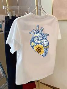 TopsFront And Back Short-Sleeved T-Shirt In Van Gogh Style With Fashionable Sunflower Print – A Spring And Summer T-Shirt For Women, A Stylish Summer Piece. - White - View 2