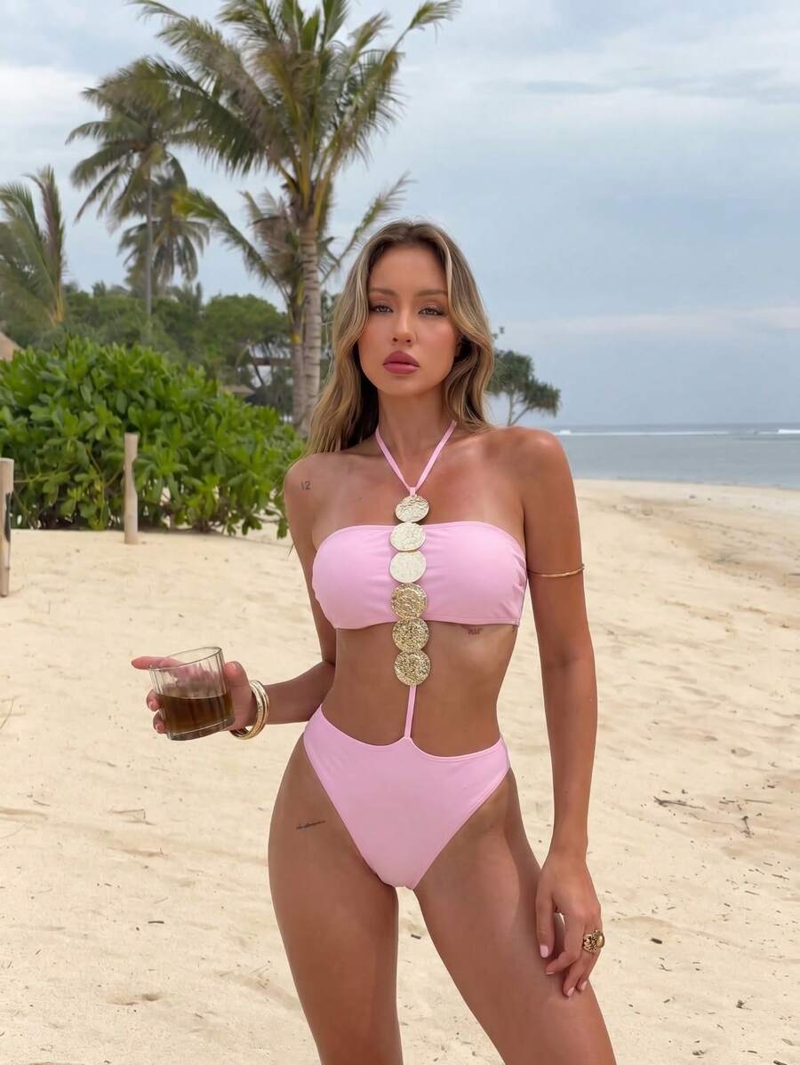 Bộ bikini hai mảnh kiểu yếm không dây dành cho nữ, chất liệu co giãn cao, đồ bơi thanh lịch và thoải mái. - Hồng - Xem 1