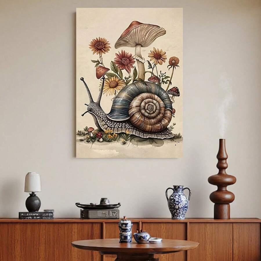 Framed [2D Flat] 1pc, 2D Flat, , Vintage Bohemian Style Snail Flower Mushroom Print, Melancholic Snail Wall Decor, Snail Print, Bohemian Floral Woodland Snail Cottage Style Wall Decoration, Interesting Canvas Wall Art, Suitable For Home Bedrooms - 有框畫 - 查看 1