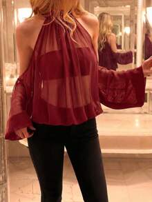 Lightweight Sheer Mesh Long Sleeve Loose Bat Wing Top, Suitable For Summer Parties - Burgundy - View 3