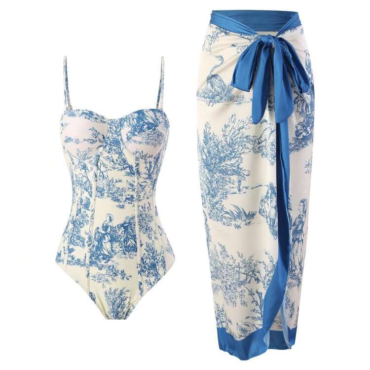 Elegant Boho Women's One-Piece Swimsuit Toile Pattern Corset Style Bathing Suit, Spaghetti Strap, Slight Stretch Fabric - Black Solo Swimsuit - View 4