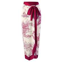 Elegant Boho Women's Long Bikini Set Skirt With Toile De Jouy Style Print And Waist Tie, No Sheer Fabric With Slight Stretch - 紅色薄紗裙 - 查看 1