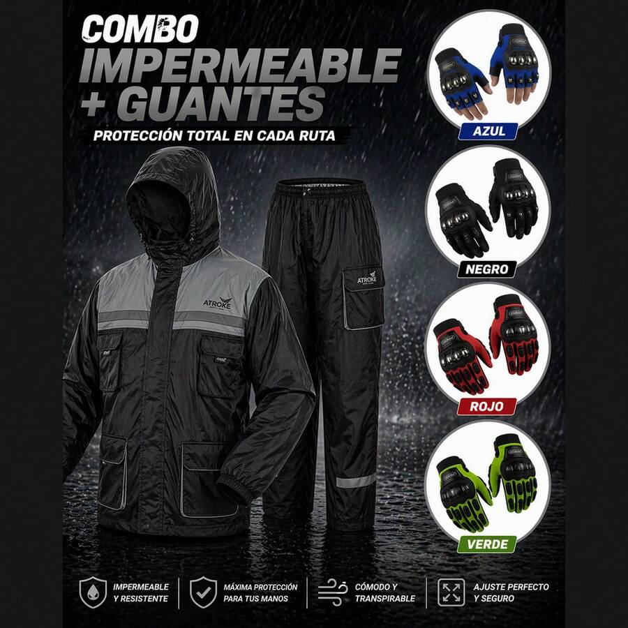 Grey Waterproof Motorcycle Kit + Gloves | Rain Protection And Improved Control - 黑色 - 查看 1