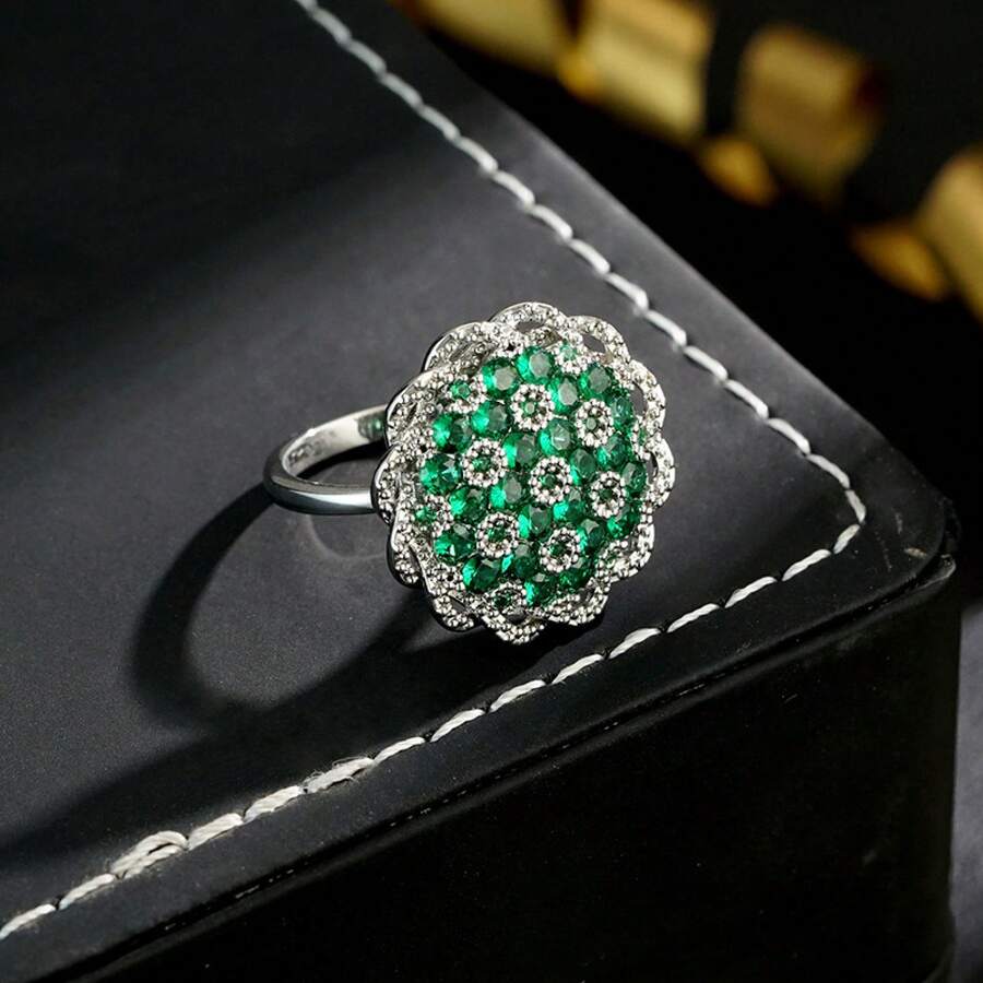 French-Style Fashionable And Elegant Fresh Green  Three-Dimensional Hollow Floral Open Ring - 花朵 - 查看 1