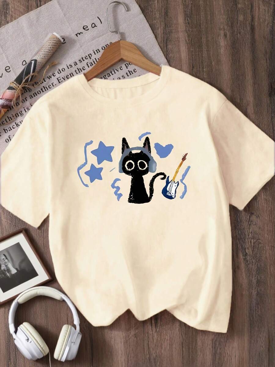 Printed Crew Neck T-Shirt For Girls - Apricot - View 1