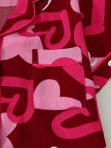 Heart Print Women's Bubble Crinkle Short Sleeve Shorts Pajama Set - Red - View 4