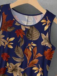 Vestido de tirantes con cuello redondo y estampado de hojas en talla grande, vestido informal de línea A, adecuado para vacaciones, playa y uso diario, conjunto de ropa de verano para mujer - Multicolor 2 - Ver 9