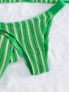 3 piezas Conjunto de bikini de punto a rayas sexy - Top triangular + Calzoncillos de cintura baja + Pantalones de pierna ancha con tirantes ajustables| Traje de baño de vacaciones de playa retro para el verano - Verde - Ver 7