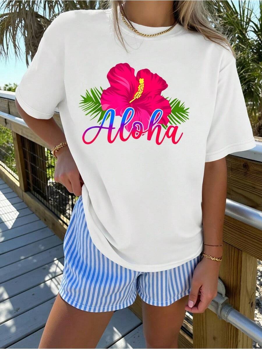 Women's Elegant Short-Sleeve Hawaiian Aloha Hibiscus Flower Print Round Neck T-Shirt, Suitable For Spring, Summer, Autumn, And Winter. Fashionable, Comfortable, Soft, And Breathable, It's A New Versatile Casual Top For Everyday Wear, Vacations, And Commuting. Available In Sizes S-XXL, 2026summer Outfits For Women Vacation Outfits Women Country Concert Outfit Concert Outfit Women - trắng - Xem 1