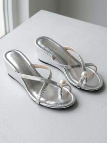 2026 New Open Toe Strap Wedge Sandals, Comfortable Soft Bottom Versatile Faux Pearl Embellished High Heels For Summer - Silver - View 7
