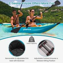 Tandem Infable Kayak, 12.5FT 2-Person Kayak For Adults W/507 LBS Weight Capacity, 2 Aluminium Oars, Padded Seat, 2 Fins, Hand Pump, Carry Bag, Repair Kit, Portable Touring Kayaks - Blue+Green - View 3