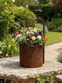 1pc Rustic Metal Flower Pot, Distressed Faucet Style Planter, Vintage Garden Decor Pot, Gift For Patio Porch - Rusty Version - View 4