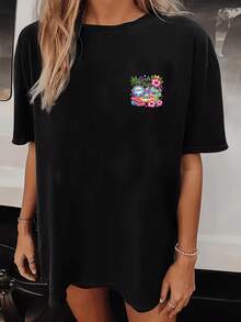 TopsPlus Size, Ms. Xia Double-Sided Print Casual Plus-Size Crew Neck Drop-Shoulder T-Shirt, Comfortable Loose Fit Topsommer - Black - View 2