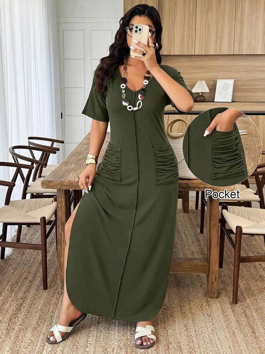 Weeklong Vestido de punto casual con cuello en V, rayas, bolsillos dobles, plisado y bajo con abertura para mujer talla grande, primavera/verano - Verde militar - Ver 1