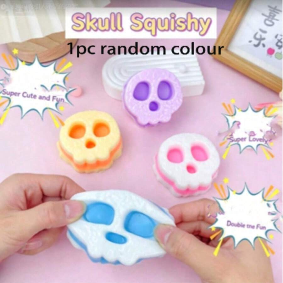 1pc Random Colour Skull Squishy Toy, Slow Rebound Stress Relief Squeeze Ball, Cute Gothic Decompression Toy - Multicolor - View 1