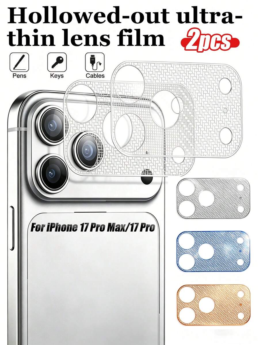 2pcs Metal Hollow Lens Protective Film, Available In Silver, Orange, Blue, Suitable For IPhone 17 Pro Max Camera, Anti-Scratch, Anti-Fall, Efficient Heat Dissipation, Anti-Oxidation, Long-Lasting, Thin And Compatible With Phone Cases