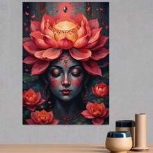 1 pieza de arte, Diosa del loto con corona de loto rojo, Kit de pintura por números, Fácil para principiantes para decoración de paredes del hogar, Manualidades, Decoración de pared para sala de estar, dormitorio, cocina, regalos de Navidad, artículos de , decoraciones de Acción de Gracias, regalo de Año Nuevo - Enmarcado - Ver 3