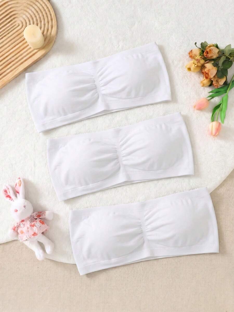 3pcs Girls Seamless Bandeau Bras, 9-12Y Teen Basic Solid Padded Bralettes, Ruched Detail Skin-Friendly Comfort Underwear - White - View 1