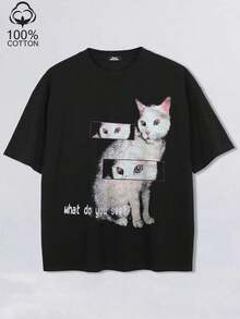 Tiny Spark Camiseta negra casual de hombre con estampado de eslogan de gato, verano - Negro - Ver 1