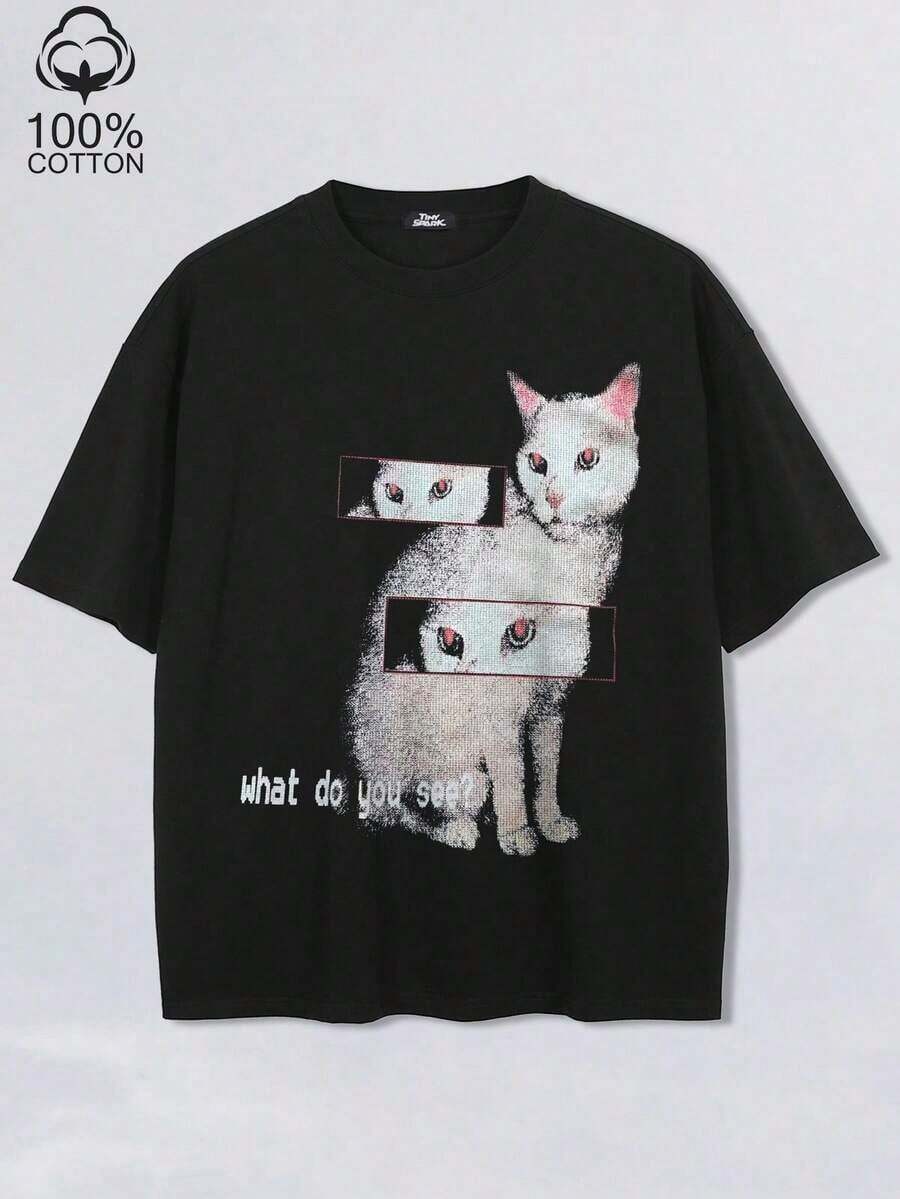 Tiny Spark Camiseta negra casual de hombre con estampado de eslogan de gato, verano - Negro - Ver 1