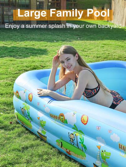 1pc Summer Adorable Zoo Animal Inflatable Pool, 3-Ring Rectangular Family Swimming Tub, Ideal For Kids, Adults & Outdoor Parties