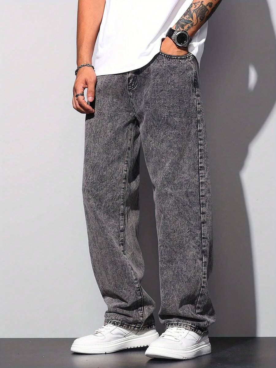 Men's Balloon Jeans, Straight Leg, Baggy Premium Streetwear, Oversized, Rapper Denim, Skater Style, Loose Fit - Marbleized Graphite - View 1
