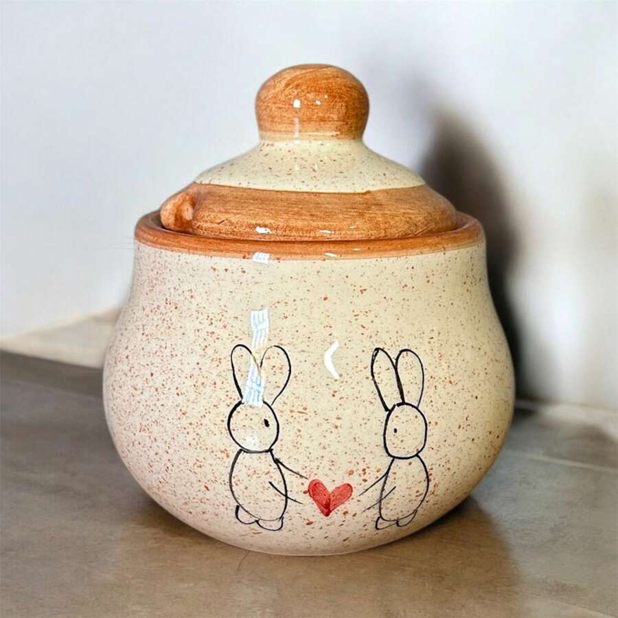 Ceramic Sugar Bowl 250g For Kitchen, Decorated, Hand-Painted - Rust Brown - View 1