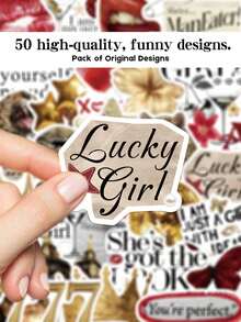 50pcs Gold & Red Y2K Style Lucky Girl Stickers, Fashion Personalized Creative DIY Decorative Stickers Suitable For Planner, Album, Notebook, Luggage, Guitar, Water Bottle, Phone Case And Other Popular Decorations - 1 Set - View 5