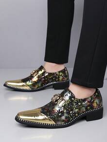 1 đôi giày Brogue mũi nhọn nam, có khóa kim loại, chất liệu da PU, đế cao su, kiểu dáng xỏ chân, gót phẳng, phù hợp cho công sở và đi chơi hàng ngày. - Vàng - Xem 4