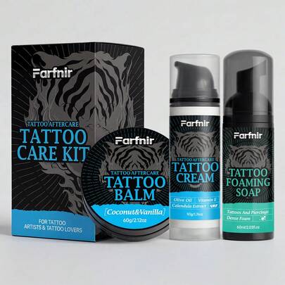 Farfnir Tattoo Clean & Care Set Includes 60ml Cleansing Mousse, 50g Tattoo Cream, And 60g Tattoo Care Balm. Enriched With Coconut And Calendula Extracts. Gently Cleanses And Cares For Tattoos - Cleans, Nourishes, And Locks In Color. Brightens Both Fresh And Healed Tattoos. Suitable For All Skin Types. Recommended By Tattoo Artists As A Professional Care Solution. The Complete Three‑Step Tattoo Care Routine.