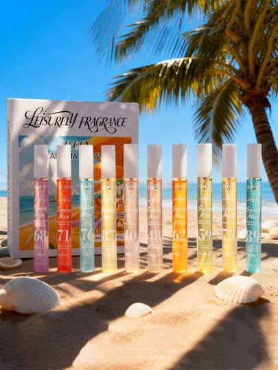 10支/套 5毫升礼盒装巴西香氛喷雾，限量版便携式多层香氛喷雾，持久留香，释放优雅的Janeiro香草、椰子、花香、柑橘、木香和海洋香调，令人愉悦的芳香空气清新喷雾。