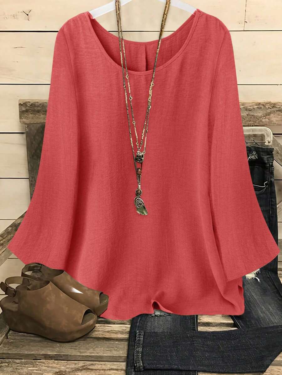 Camisa de mujer de estilo occidental casual de unicolor con cuello redondo, manga larga y puño acampanado, de tela de poliéster suave y ligera, adecuada para uso diario y ropa de estar en primavera/verano - Rojo sandía - Ver 1